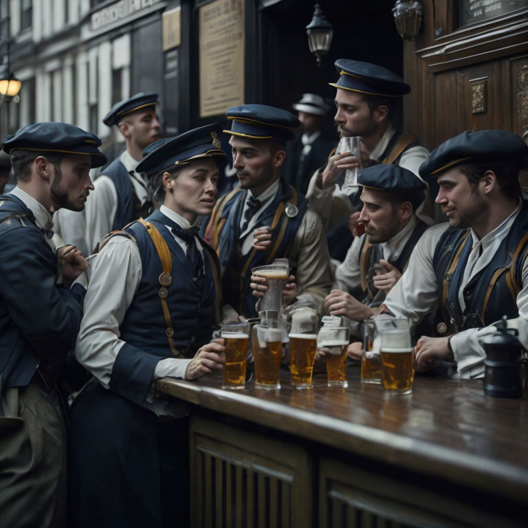 sailors drink beer on street, london 1920
