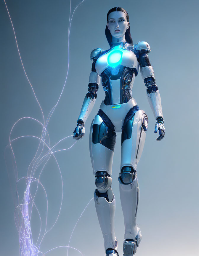Futuristic female android with glowing blue elements on soft blue background