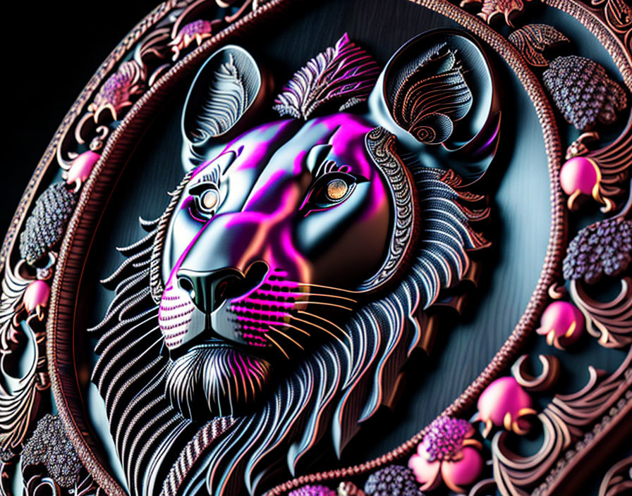 Colorful digital artwork featuring stylized lion's head with neon highlights on dark background
