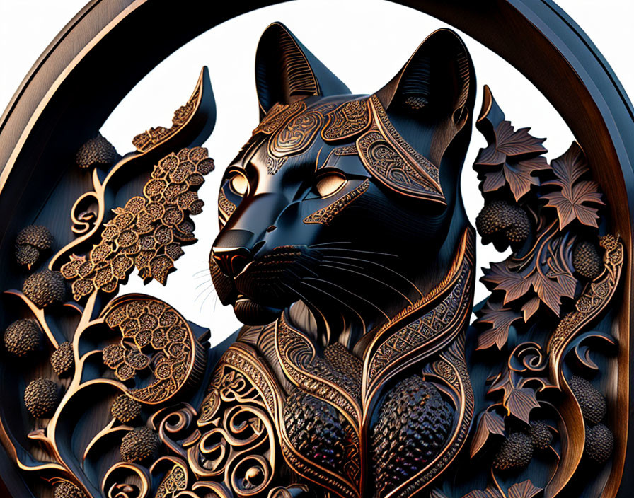 Stylized digital art: Black cat with golden patterns, wooden florals, circular motif