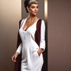 Stylish woman in white dress with burgundy sleeves on beige wall