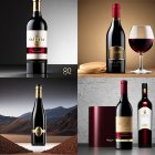 Red wine bottle compositions with glass, spices, and corks on neutral backgrounds