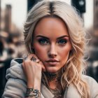 Blonde woman with tattoos and hoop earrings in a thoughtful pose