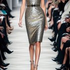 Fashion Show: Model in Shiny Metallic Strapless Dress
