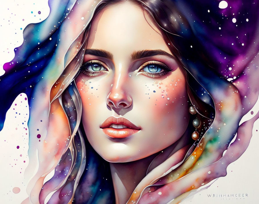 Colorful artwork: Woman with cosmic hair in starry space, rich colors, intricate details.