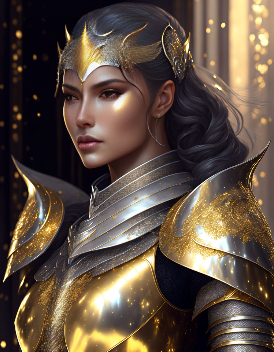 Woman in Silver and Gold Armor with Winged Helmet on Dark Background