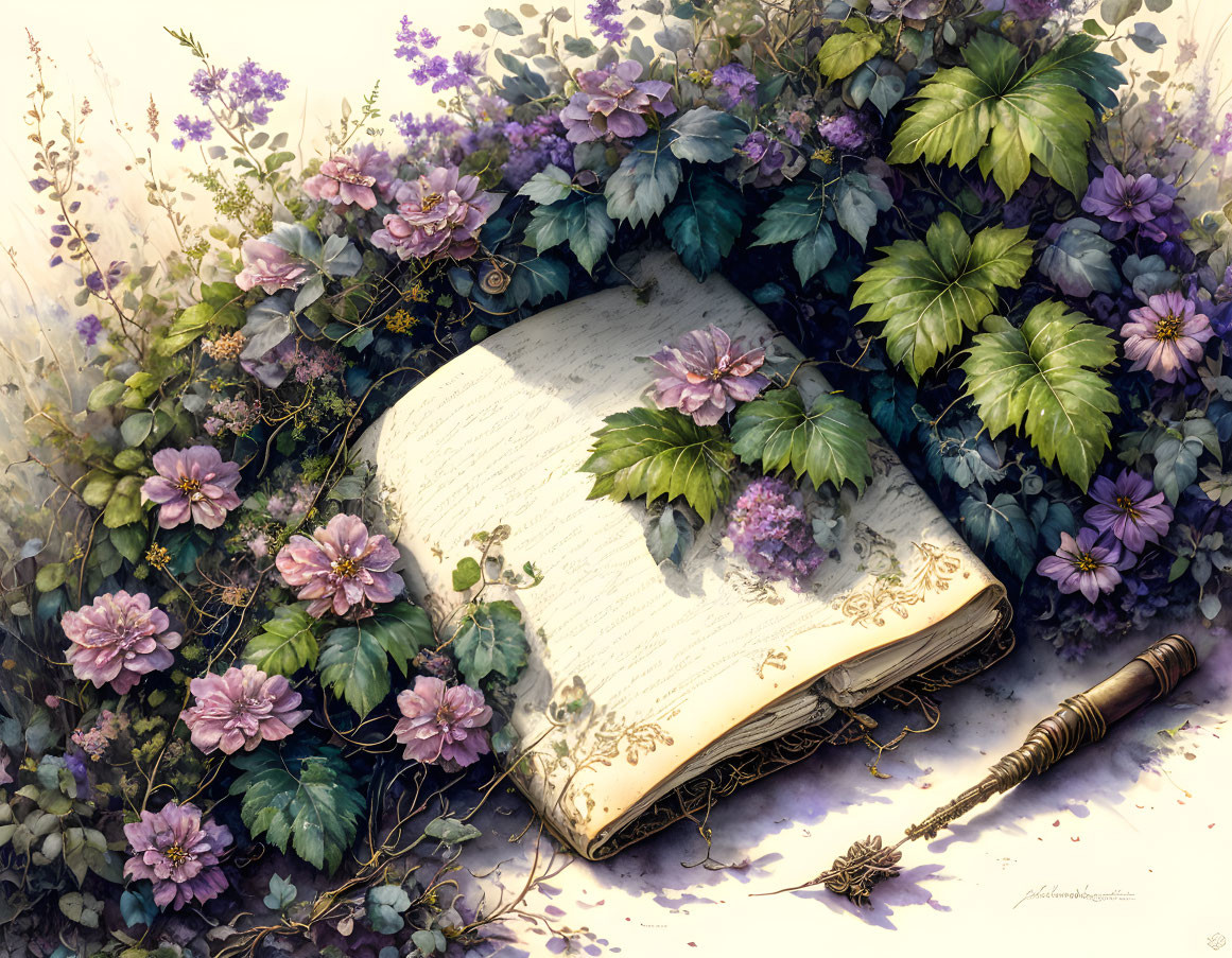 Open book with flowers and quill pen in nature setting