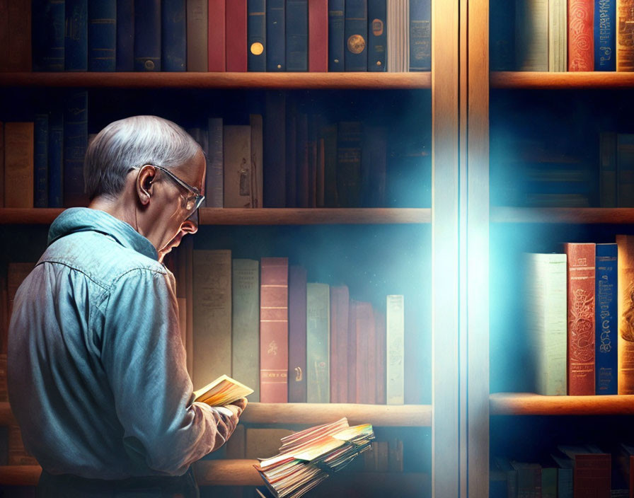 Elderly person holding book in front of glowing bookshelf