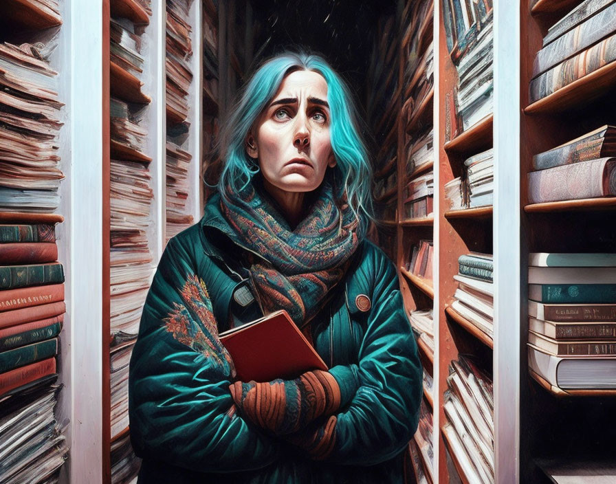 Blue-haired woman in coat and scarf looks surprised in cluttered book-filled room
