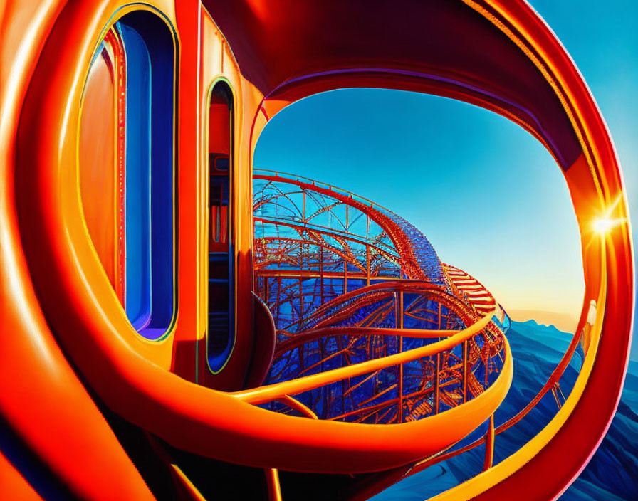 Colorful Roller Coaster Loops Against Sunset Sky