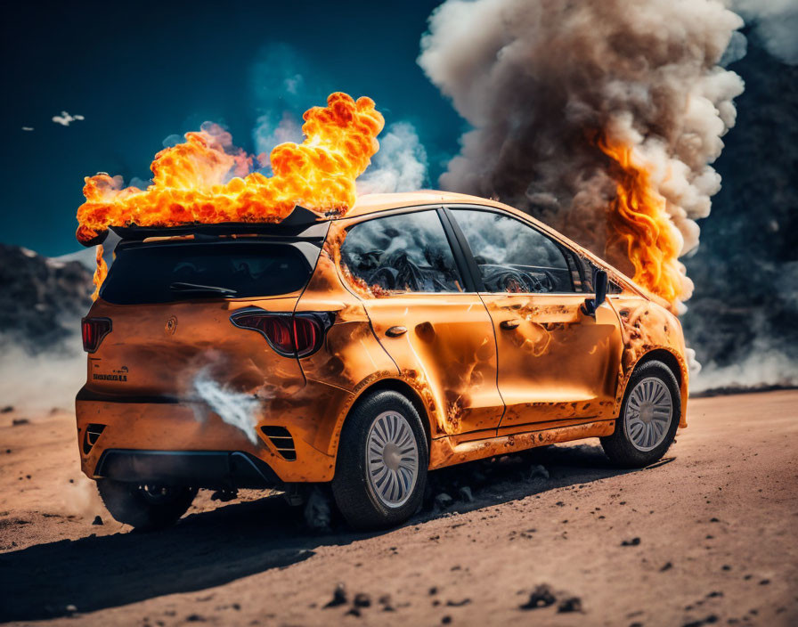 Orange Car Engulfed in Flames with Black Smoke on Dusty Terrain