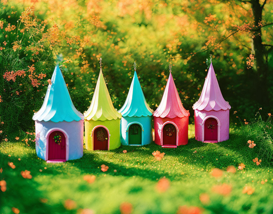 Vibrant miniature fairy-tale houses in colorful garden