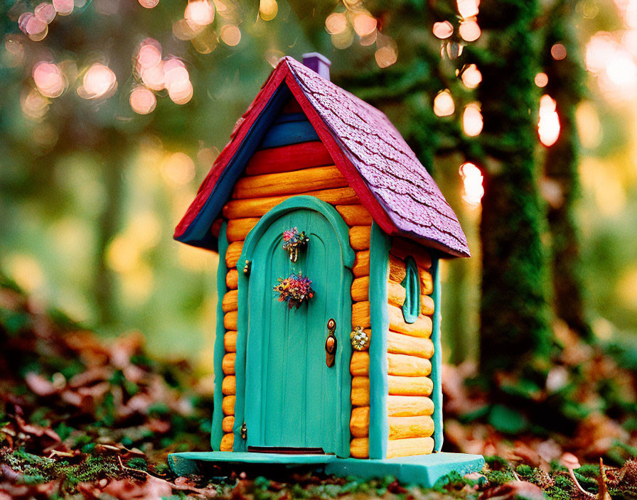 Miniature wooden house with blue roof in forest setting