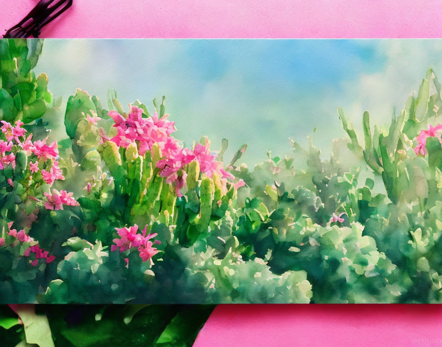 Colorful painting of pink flowers in greenery with blue sky
