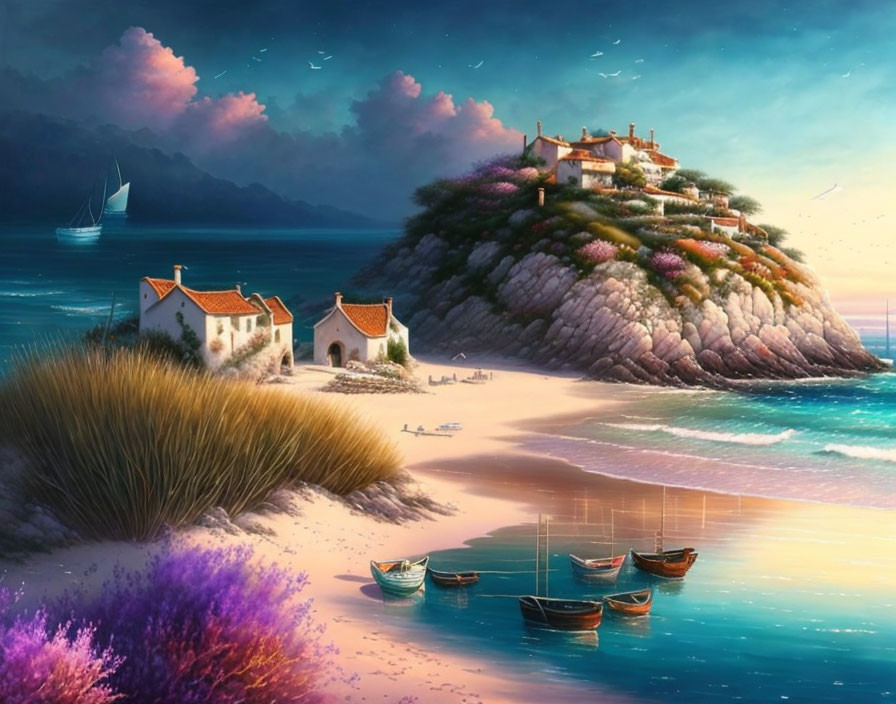 Tranquil coastal landscape with hilltop village, sandy beach, sea, boats, and colorful flora