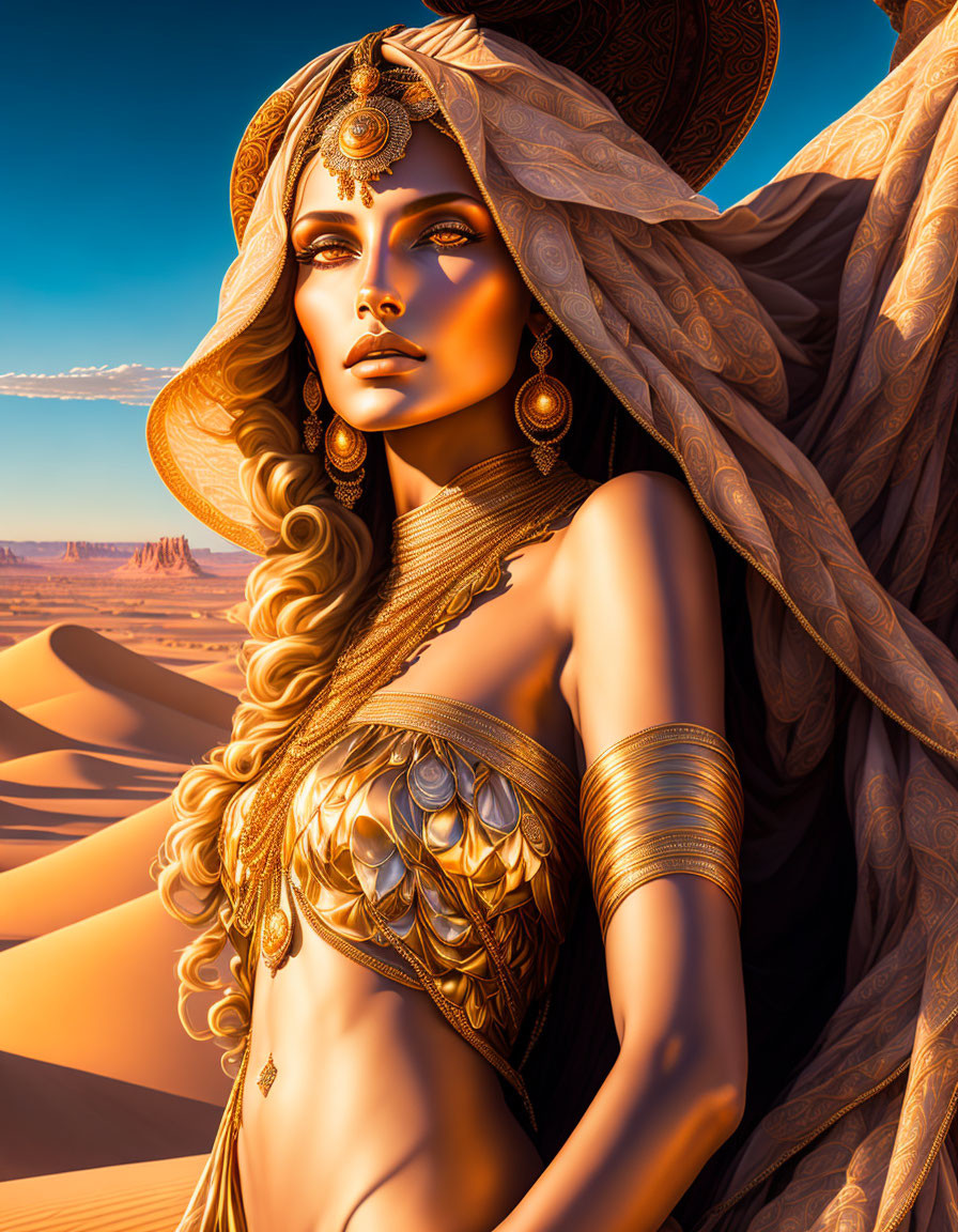 Regal Woman in Desert Wearing Golden Jewelry