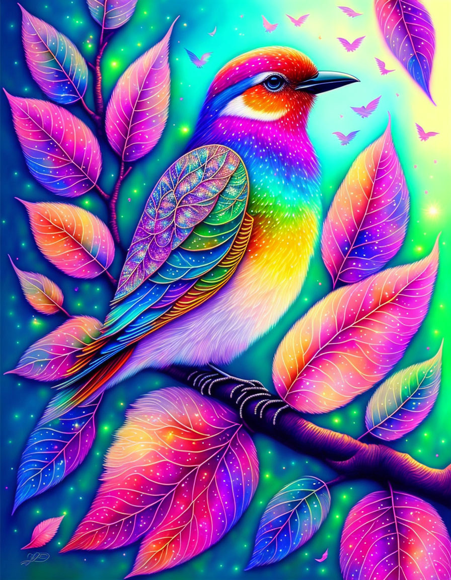 Colorful Bird Artwork on Branch with Neon Leaves and Starry Background
