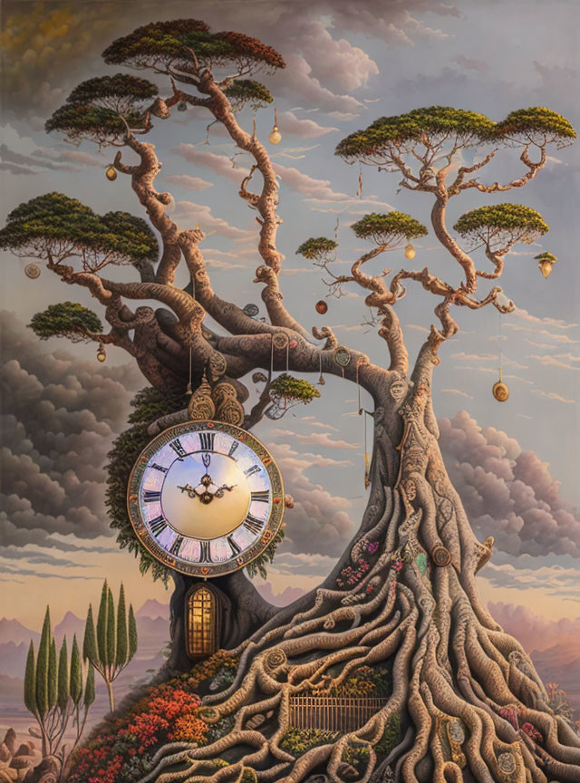 Surreal tree art with twisted roots and pocket watch, under stormy and clear skies