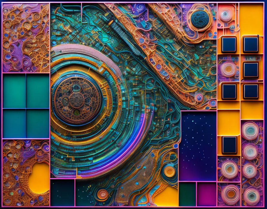 Colorful abstract art with mosaic patterns, circles, and circuitry designs