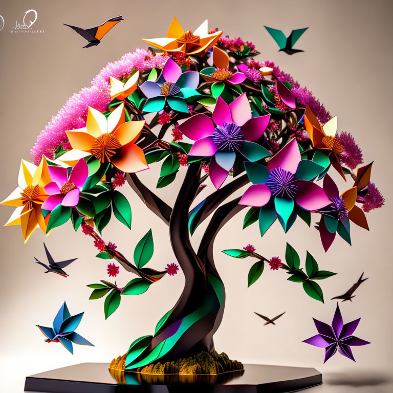 Vibrant tree artwork with paper flowers and origami birds on warm background