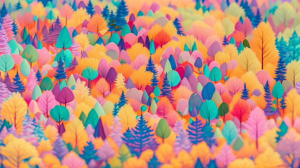 Colorful Stylized Forest with Vibrant Trees in Pink, Orange, Teal, and Purple