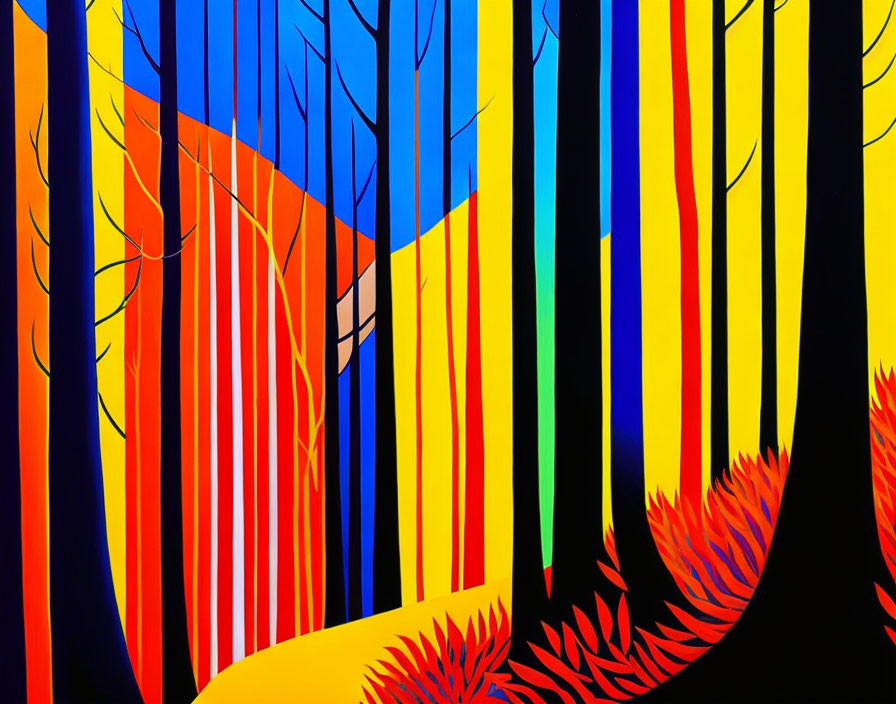 Colorful Stylized Forest Painting with Blue, Red, Yellow, and Black Contrasts