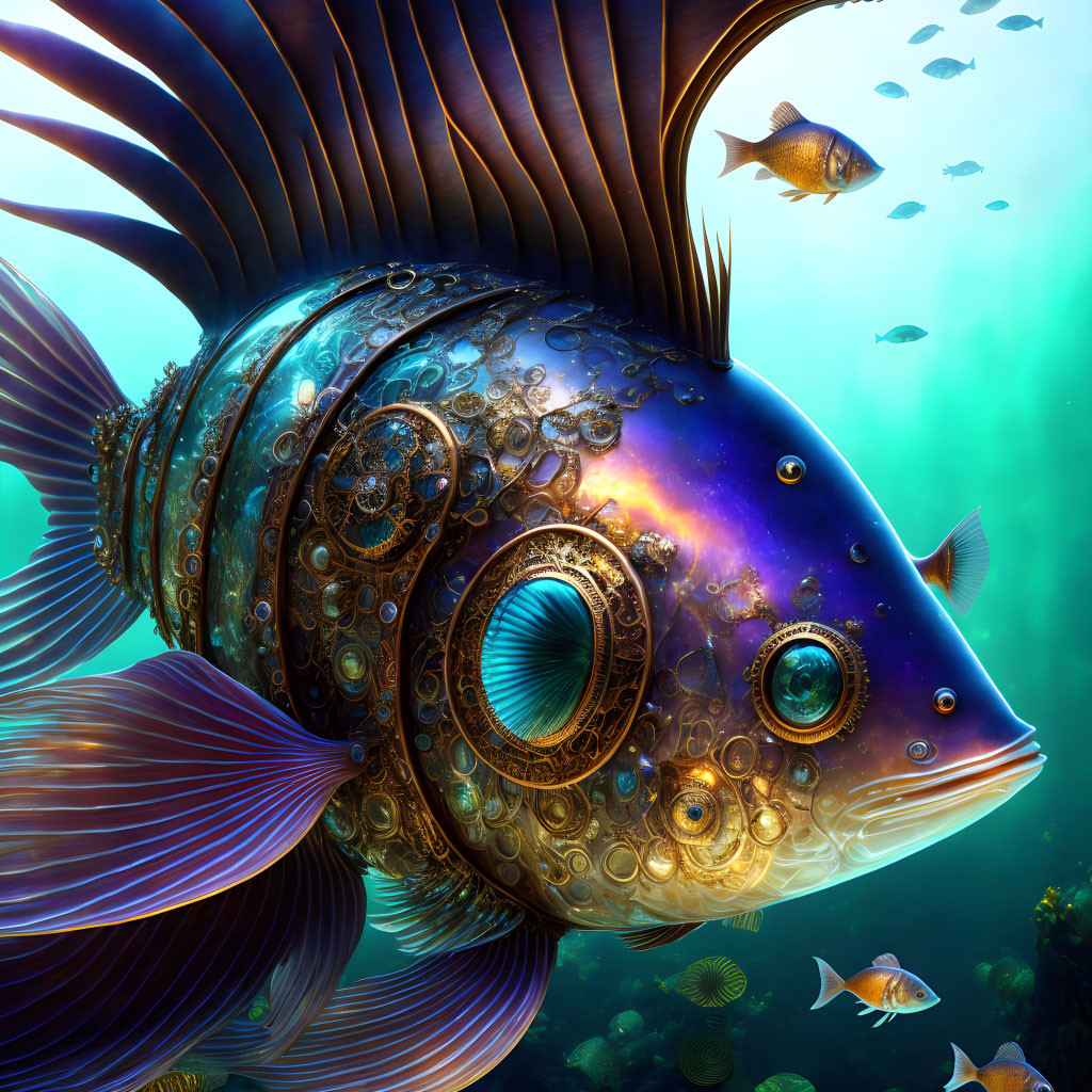 Steampunk fish with cosmic patterns in vibrant underwater setting