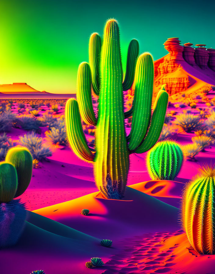 Surreal neon desert landscape with cacti and colorful sky