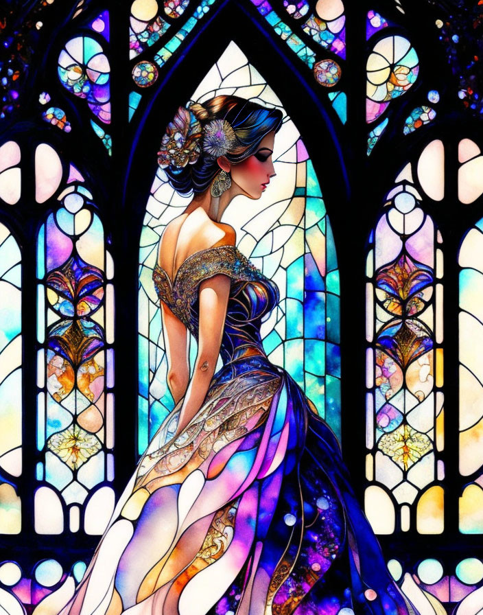 Illustrated woman in blue dress by stained-glass window