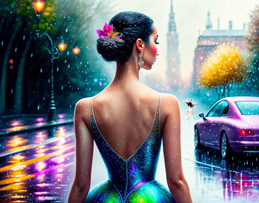 Woman in sparkly dress on rainy street with flower in hair and colorful lights reflecting