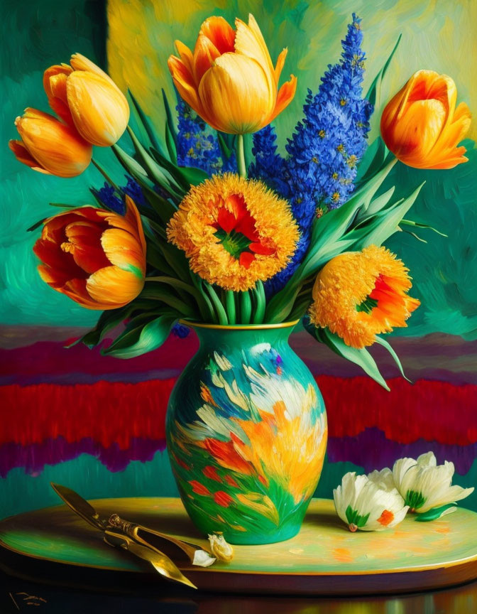 Colorful oil painting of bouquet with tulips, yellow flowers, and blue blooms on table.