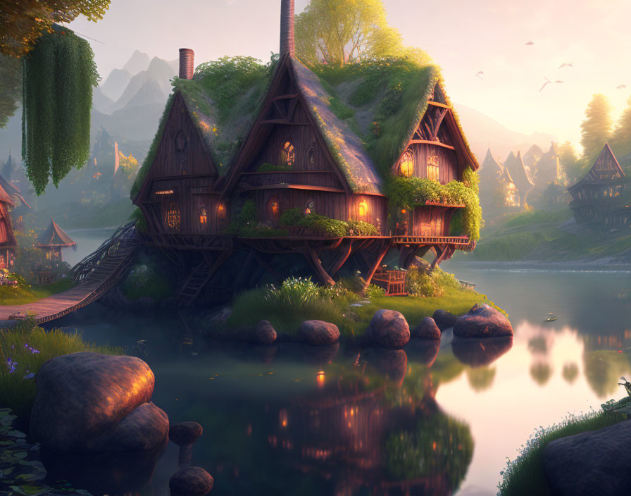 Thatched Cottage by Serene Lakeshore at Dusk