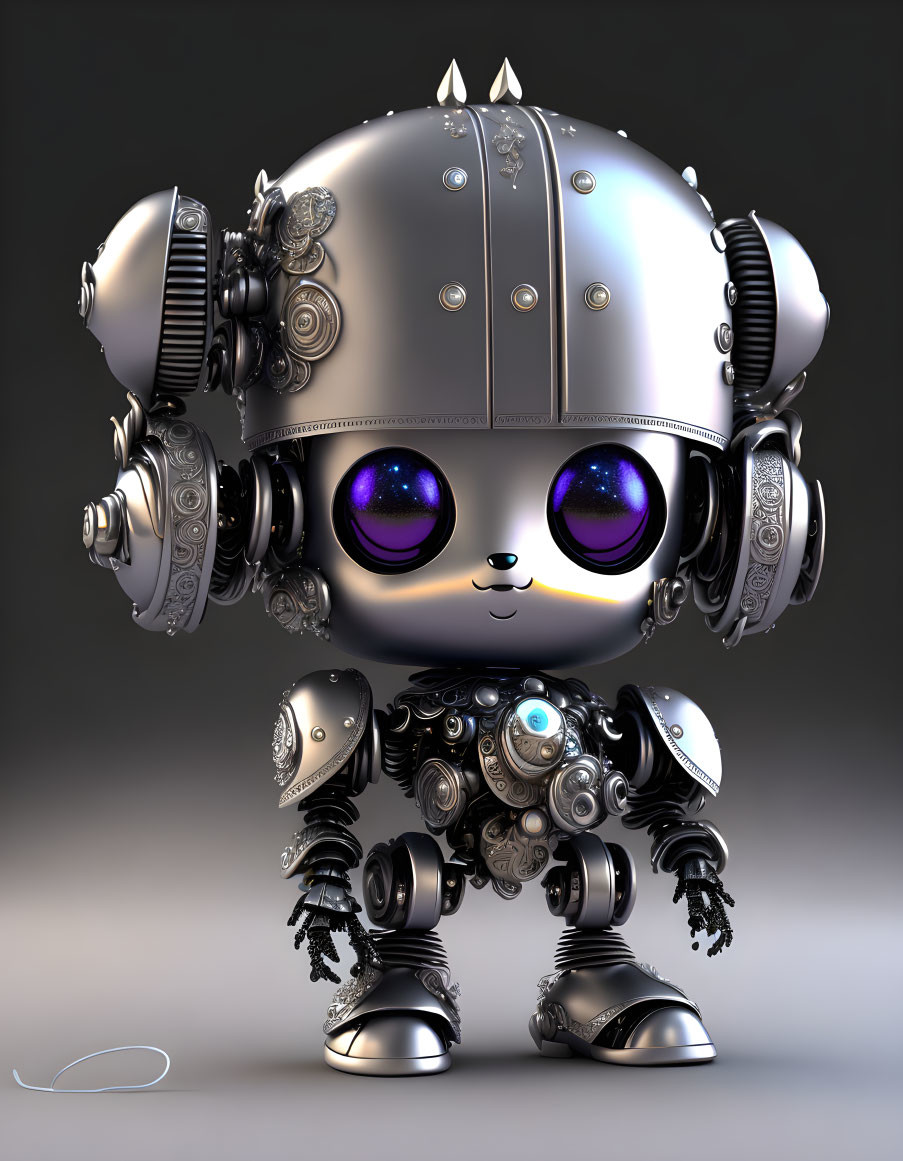 Stylized 3D illustration of cute robotic character with purple eyes and intricate mechanical details