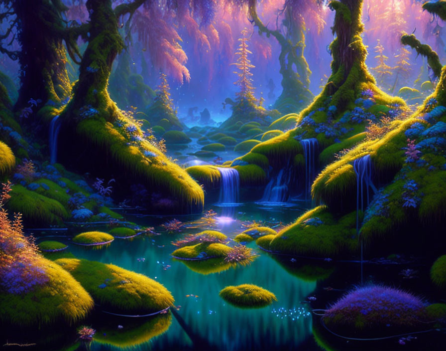 Ethereal fantasy landscape with blue waterfalls and mystical trees
