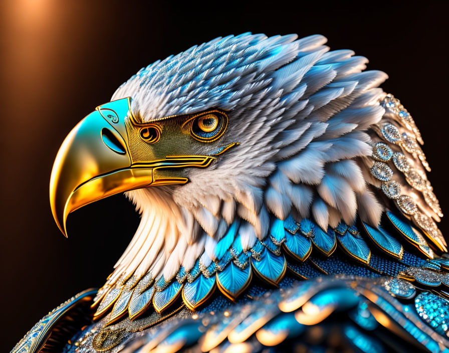 Detailed Close-Up of Stylized Eagle with Blue and Gold Metallic Feathers