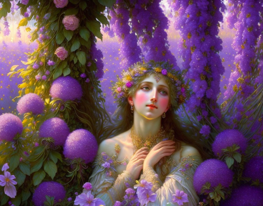 Woman with Floral Crown Surrounded by Purple Flowers and Greenery