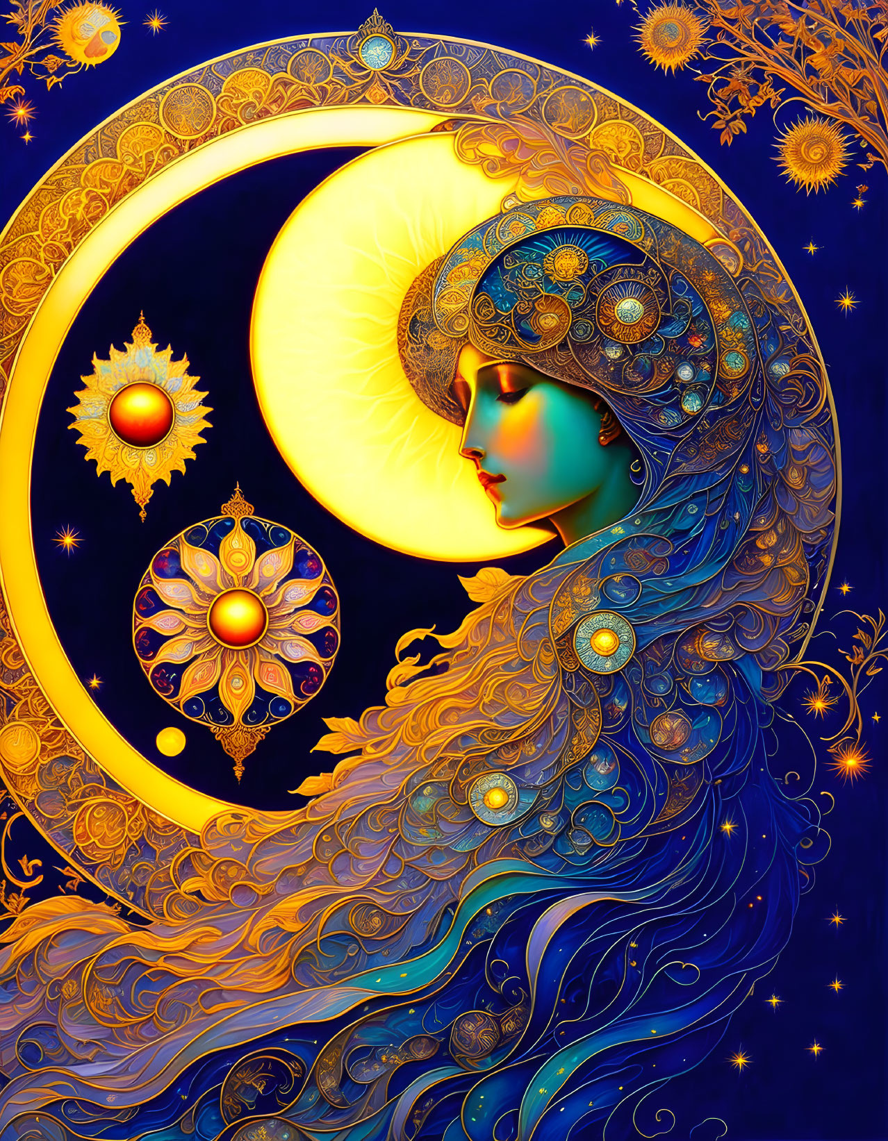 Illustration of woman with moon halo in gold and blue against starry sky