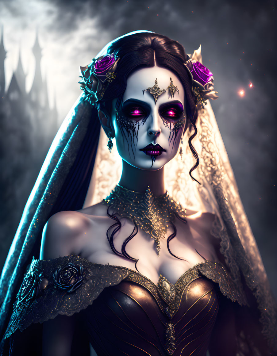 Gothic bride with skull makeup and purple eye shadow at misty castle