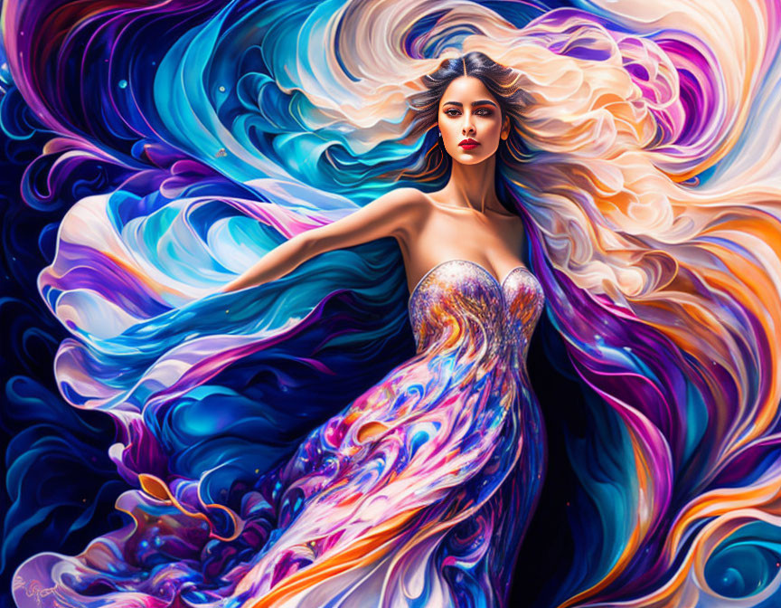Colorful flowing gown woman in abstract background.