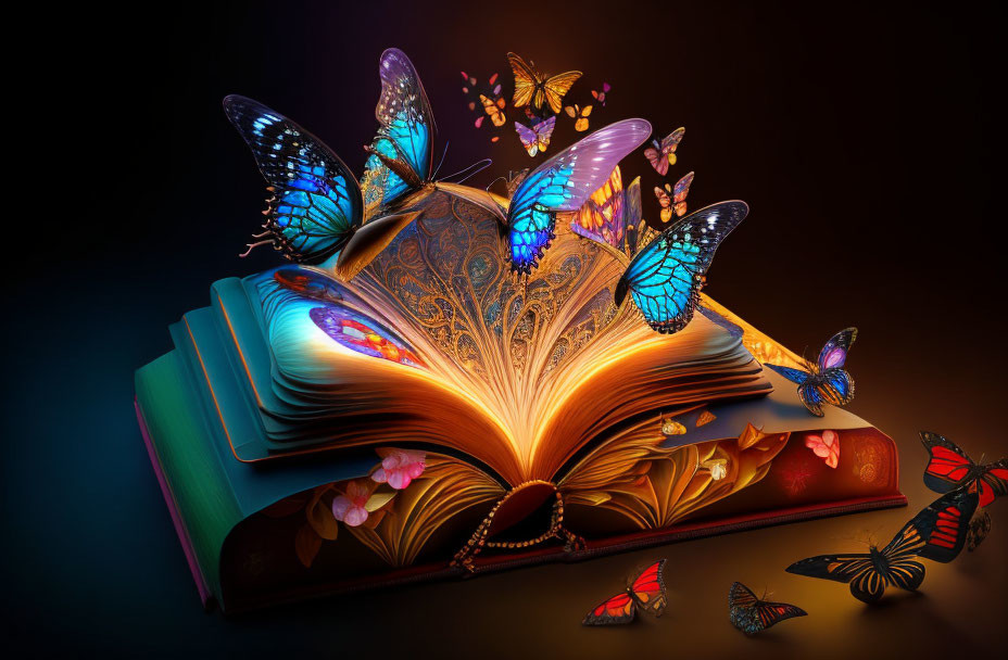 Colorful butterflies flutter around an open book with ornate covers on a dark background