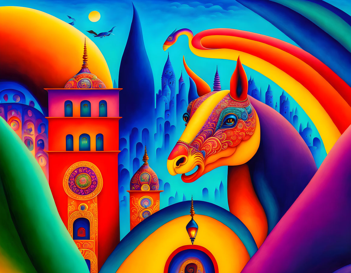 Colorful surreal cityscape painting with dragon-like creature and sunset sky