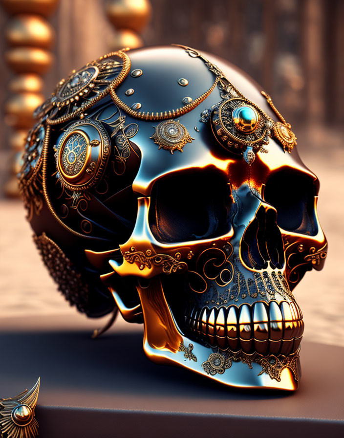 Metallic skull with gold and blue steampunk designs and gears