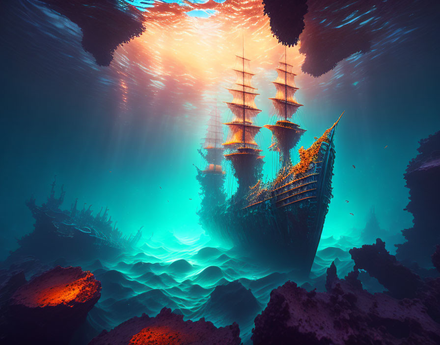 Underwater Scene: Sunken Ship with Marine Life and Coral