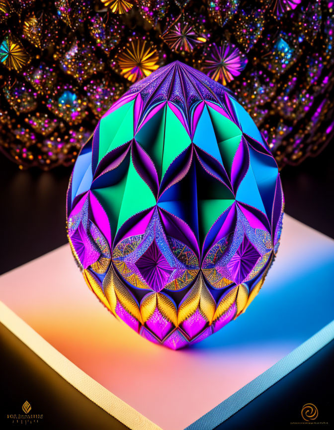 Colorful 3D geometric object in blue and purple on reflective surface, dark background with bokeh
