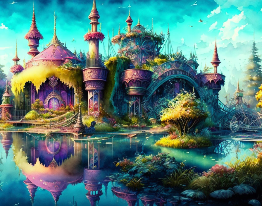 Illustration of Enchanted Fairy Tale Castle Amid Lush Gardens
