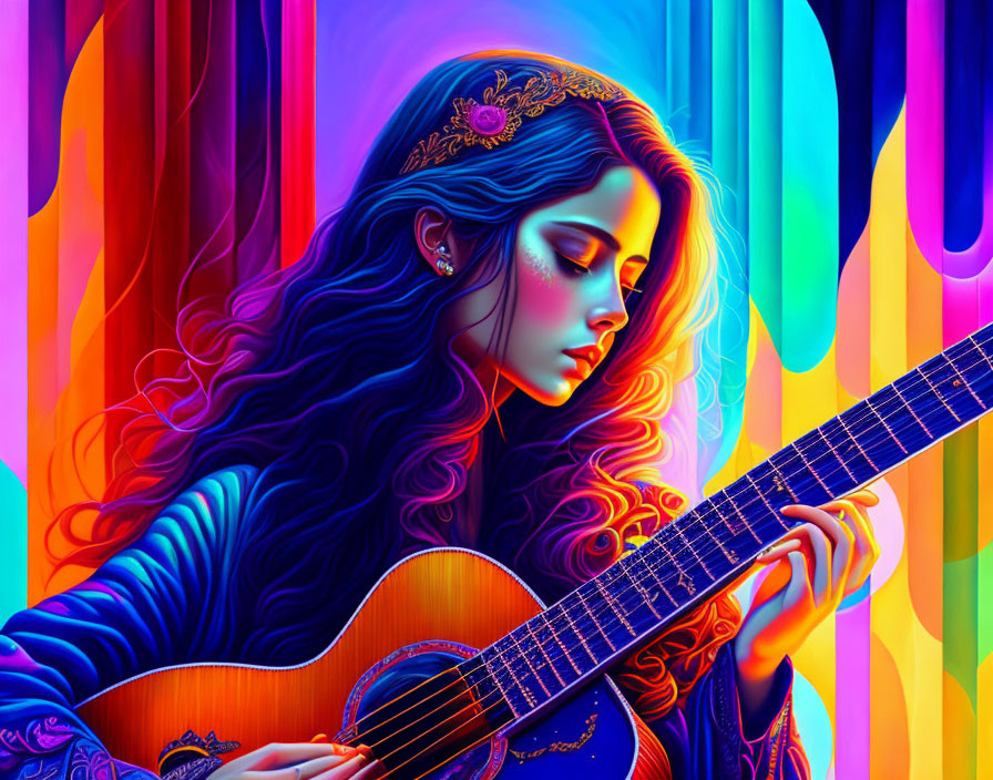 Colorful illustration: Woman playing guitar with flowing hair, neon colors, and bejeweled ti