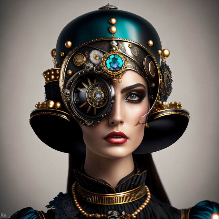 Steampunk-inspired woman with detailed helmet and futuristic design