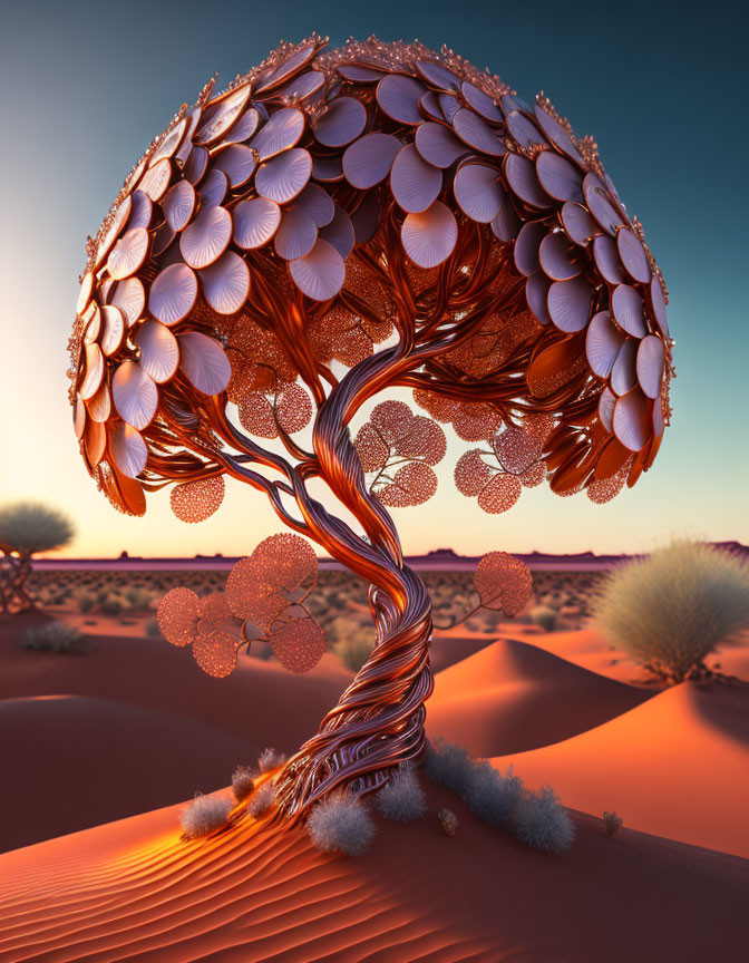 Spiral trunk tree with patterned leaves in desert sunset