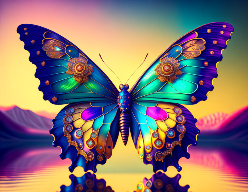 Colorful Butterfly Artwork with Jewel-Like Patterns on Mountainous Background