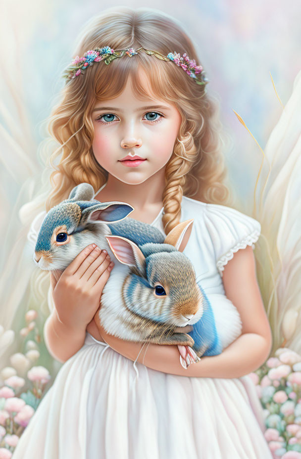 Young girl with braided hair and floral crown holds rabbits in flower-filled scene